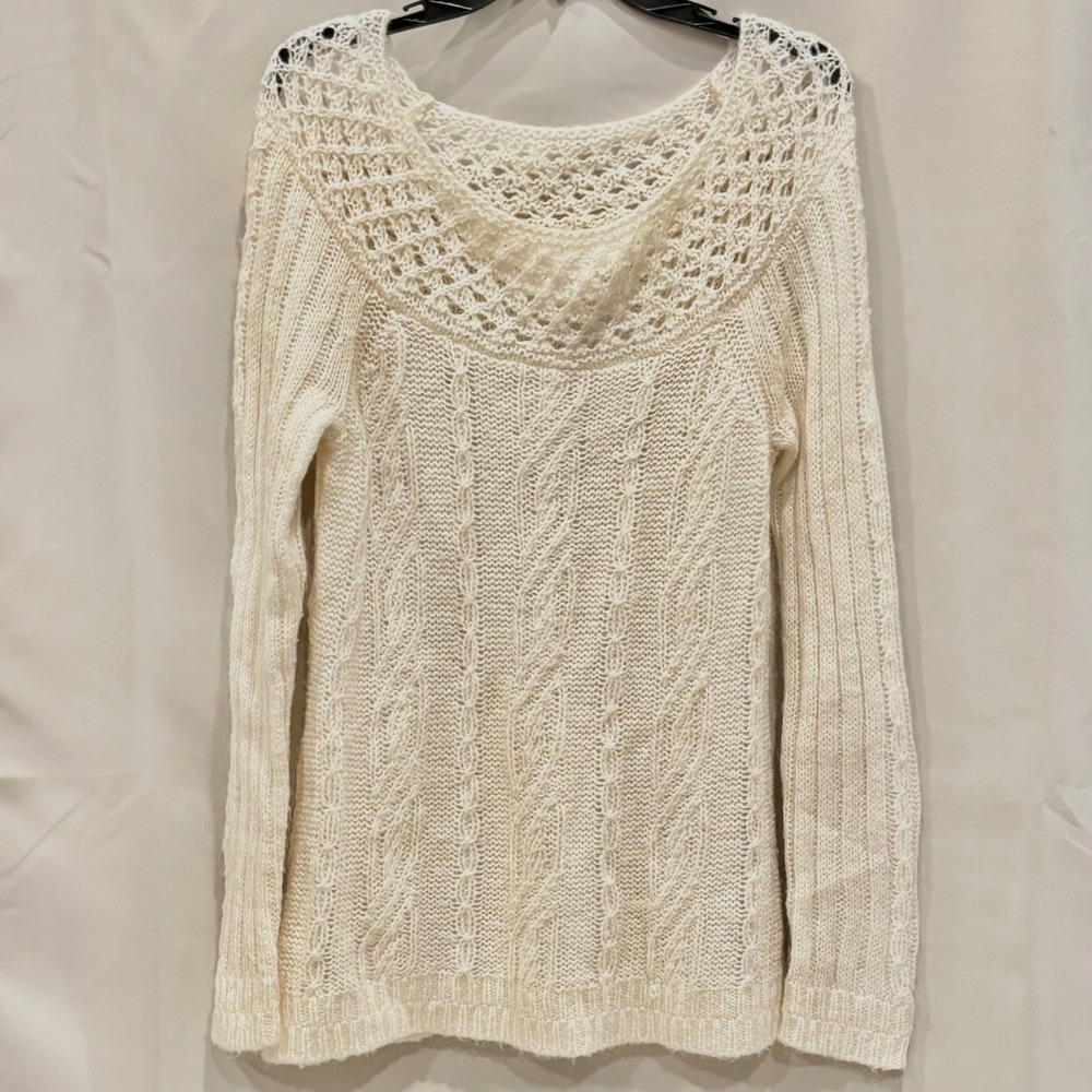 Loft Cream Cable Knit Lace‎ Yoke Tunic Sweater Mohair Blend Medium Boho 19666
